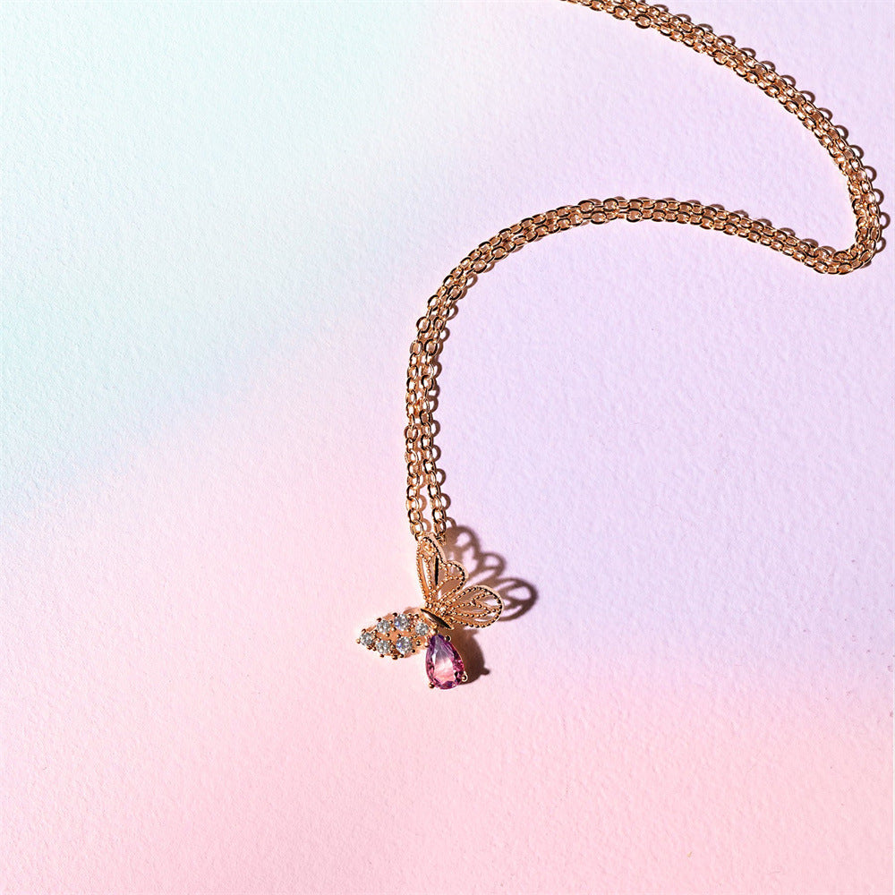 Wholesale Pink Hollow Zircon Butterfly Necklaces